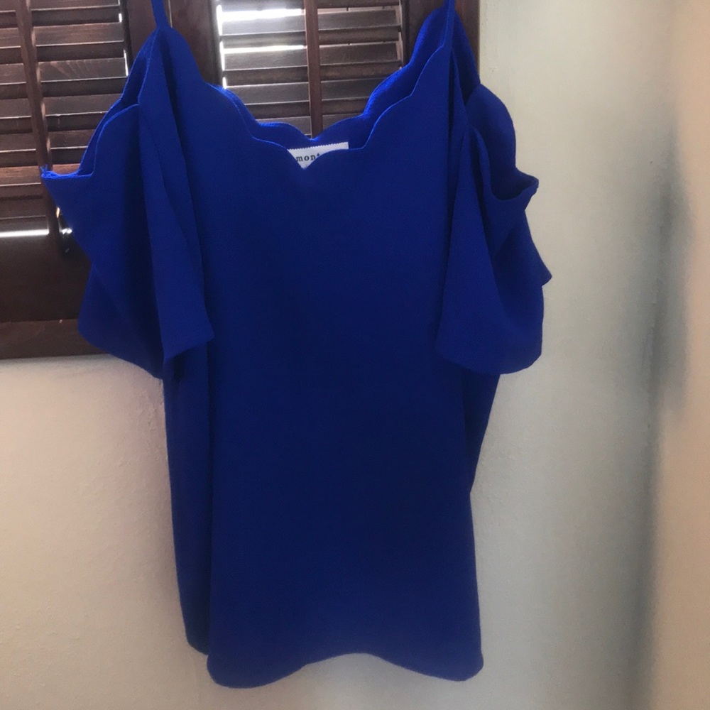 Off the shoulder, spaghetti strapped blue blouse